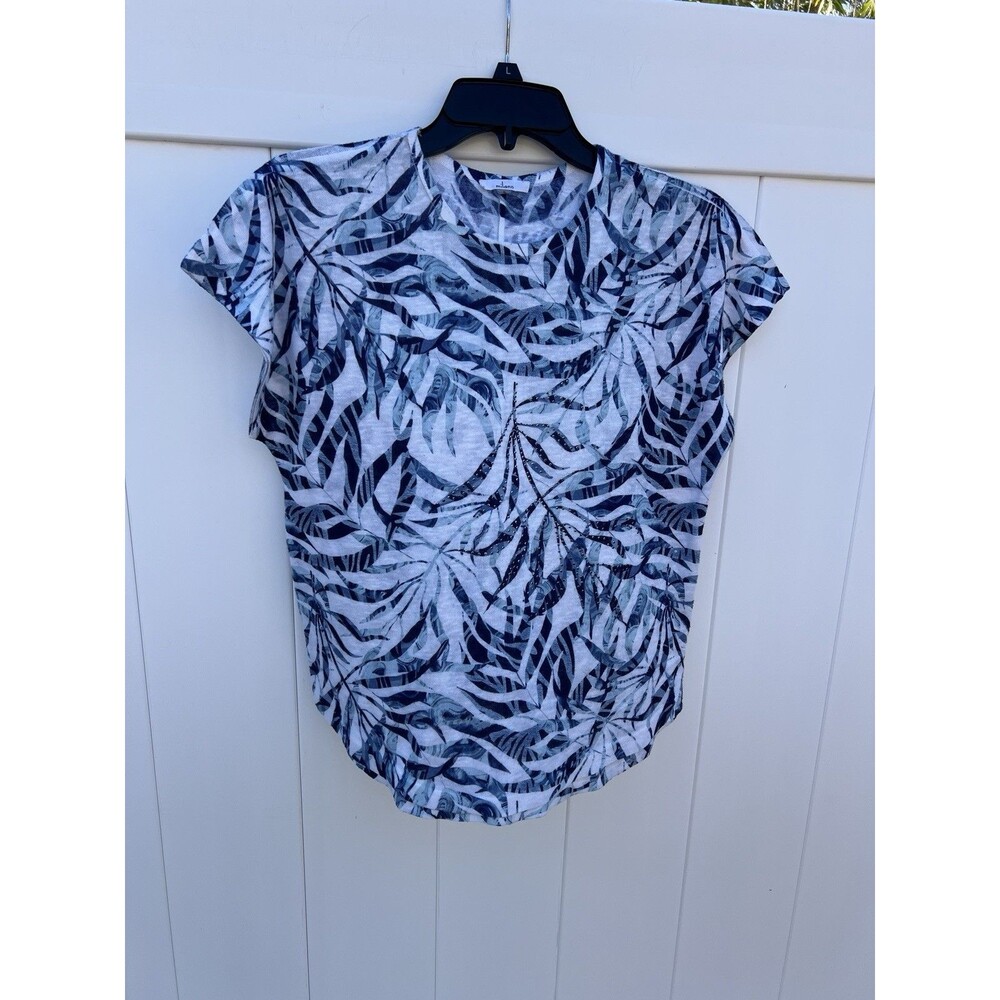 Milano Women's Top Sz Small Floral Short Sleeve Embellished Blue White